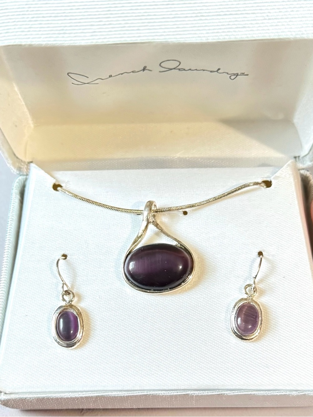 French Laundry Silver-Tone Purple Cabochon Necklace and Earrings Set NIB Vintage